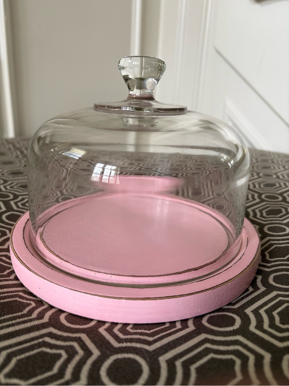 Glass Dome Cake Stand Cloche with Pink Wooden Base